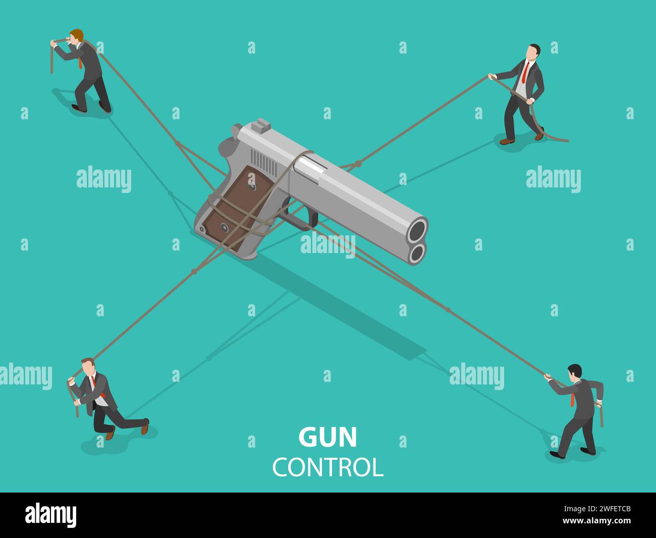 Pistola piatto di comando vettore isometrica concetto. 4 Gli uomini stanno cercando di tenere una pistola serrati mediante funi di limitare il suo movimento come lo stanno facendo con un Illustrazione Vettoriale