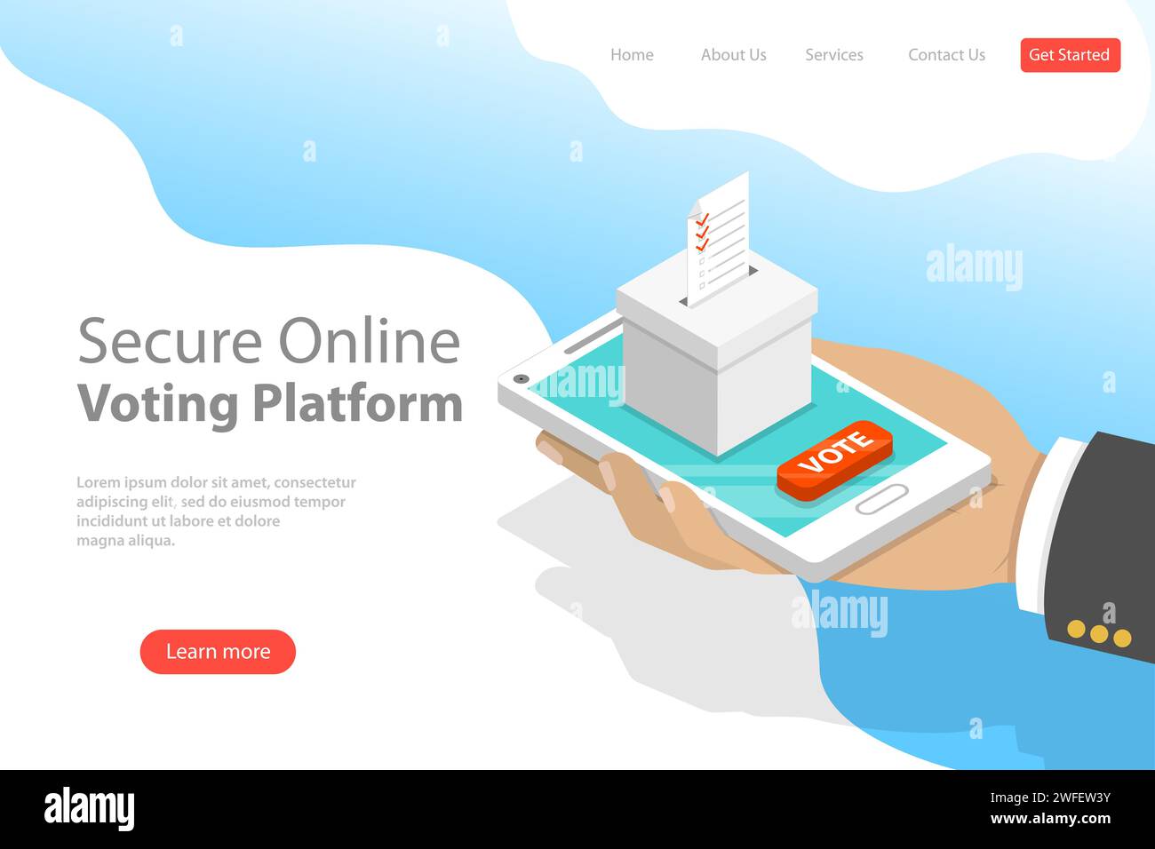 Modello di pagina di destinazione a vettore isometrico piatto per il voto online, il voto elettronico, il sistema Internet elettorale. Illustrazione Vettoriale