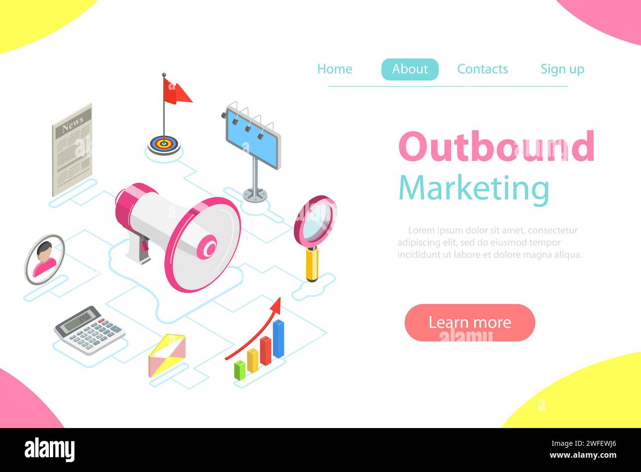 concetto vettoriale isometrico piatto di inbound marketing, attrarre clienti, pubblicità digitale. Illustrazione Vettoriale
