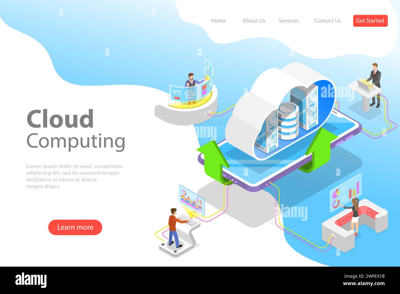 Modello isometrico di landing page vettoriale piatto di tecnologia di cloud computing, storage e hosting di dati, big data. Illustrazione Vettoriale