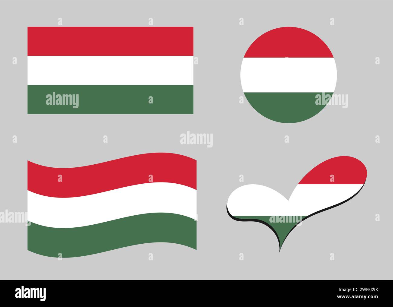 Bandiera dell'Ungheria. Bandiera ungherese a forma di cuore. Bandiera ungherese a forma di cerchio. Variazioni della bandiera del paese Illustrazione Vettoriale