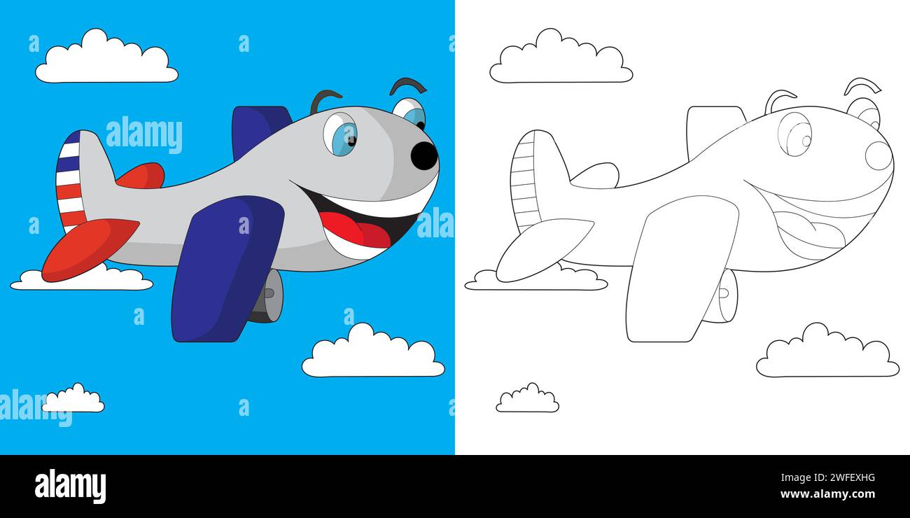 Simpatica e sorridente pagina da colorare per aeroplani per bambini Illustrazione Vettoriale