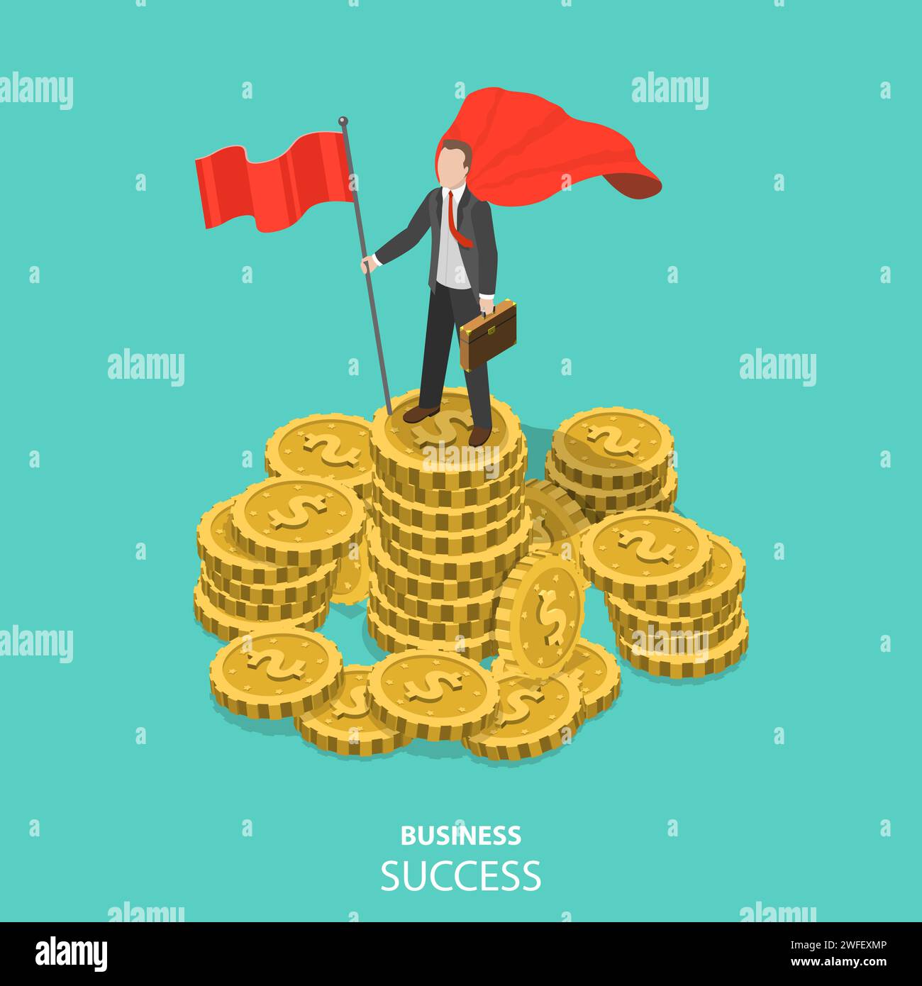 Il successo del business flat isometrica concetto vettoriale. Imprenditore vestito con il mantello del supereroe con bandiera in mano è in piedi sulla pila di monete. Illustrazione Vettoriale