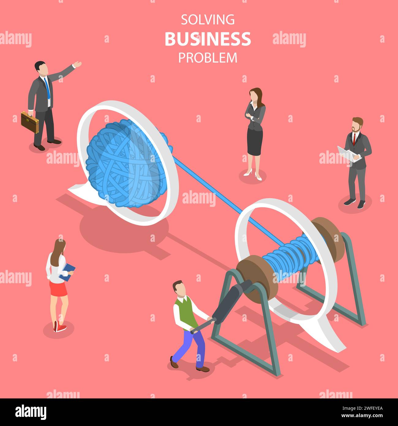 Concetto di vettore piatto isometrico per risolvere problemi aziendali, soluzione semplice, groviglio e sgrossamento. Illustrazione Vettoriale