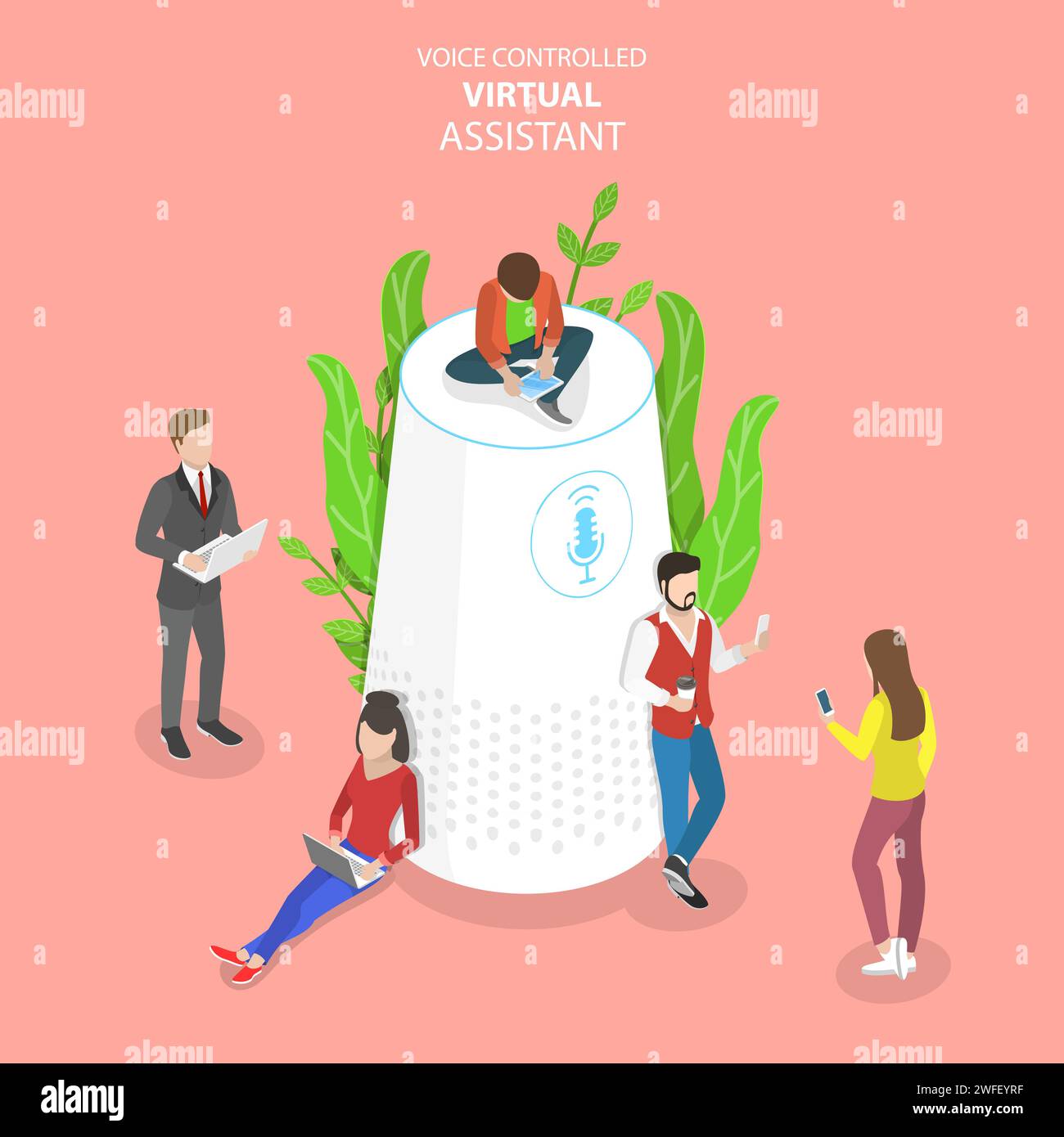 Concetto isometrico vettoriale piatto di voce personale, assistente, riconoscimento vocale, tecnologie intelligenti per onde sonore. Illustrazione Vettoriale