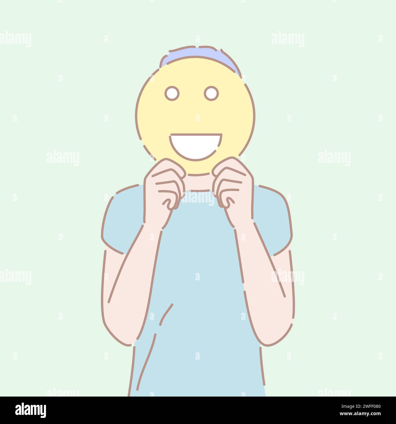 Illustrazione vettoriale disegnata a mano di un uomo con un simbolo emoji sorridente davanti al suo viso. Concetto di buona emozione, umore allegro, fac positivo Illustrazione Vettoriale