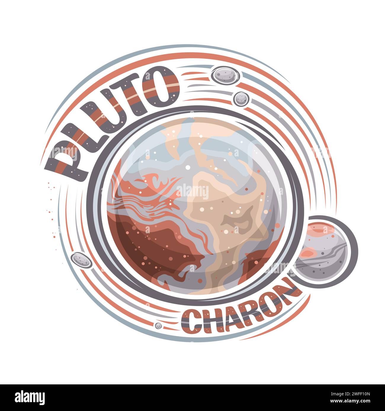 Logo vettoriale per Plutone, stampa cosmica decorativa con pianeta rotante plutone e molte lune, superficie rocciosa con montagne, tag cosmo rotondo con Let esclusivo Illustrazione Vettoriale