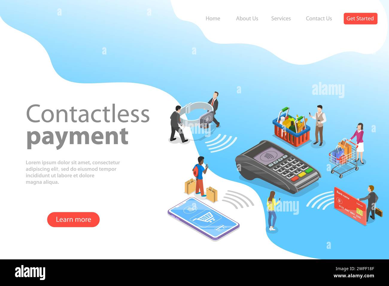 Modello di landing page vettoriale isometrico piatto di pagamento senza contatto, wireless, senza contanti, NFC Illustrazione Vettoriale