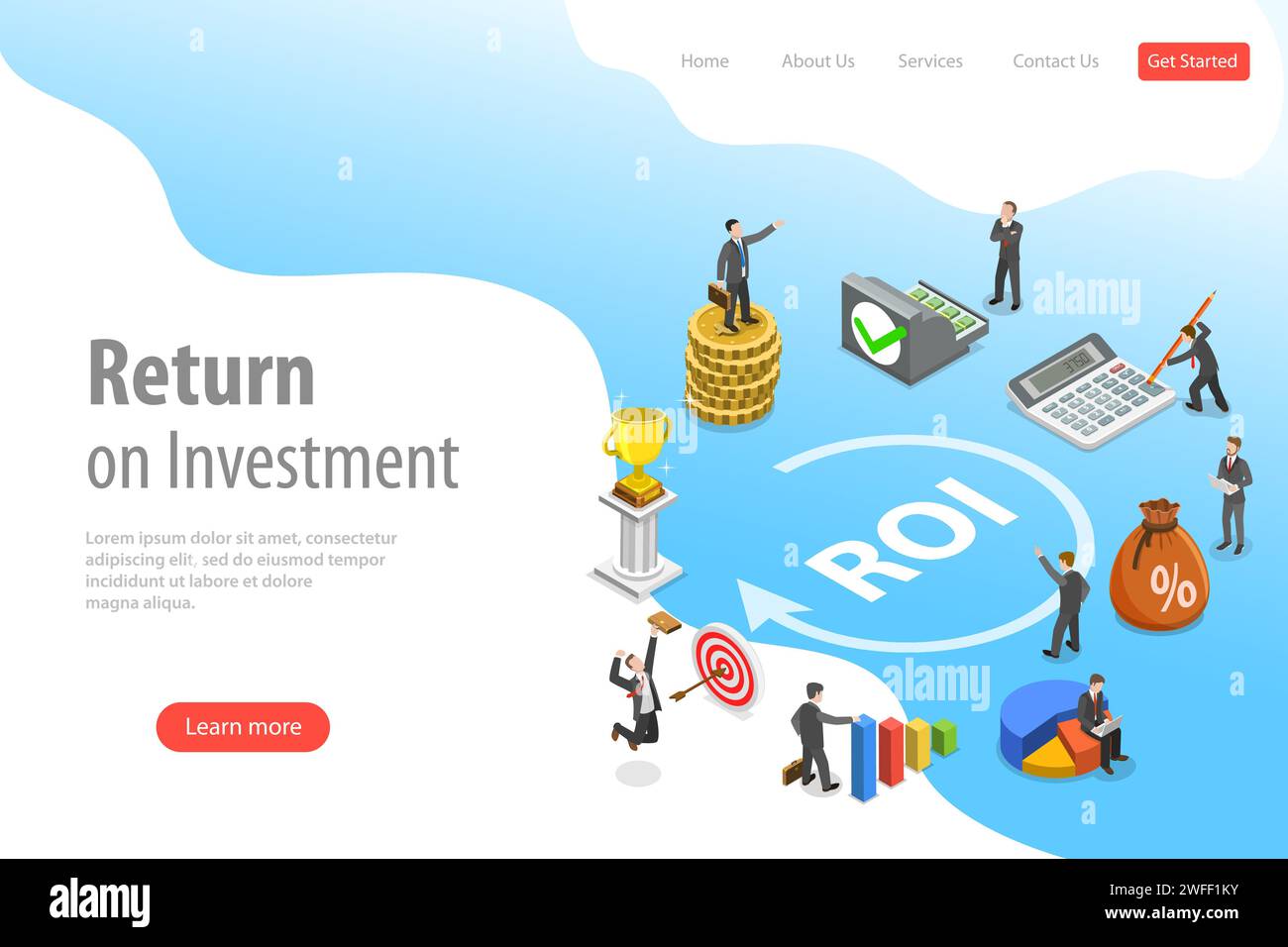 Modello di landing page con vettore isometrico piatto di ritorno sugli investimenti, roi, marketing digitale, analisi di marketing, profitto. Illustrazione Vettoriale