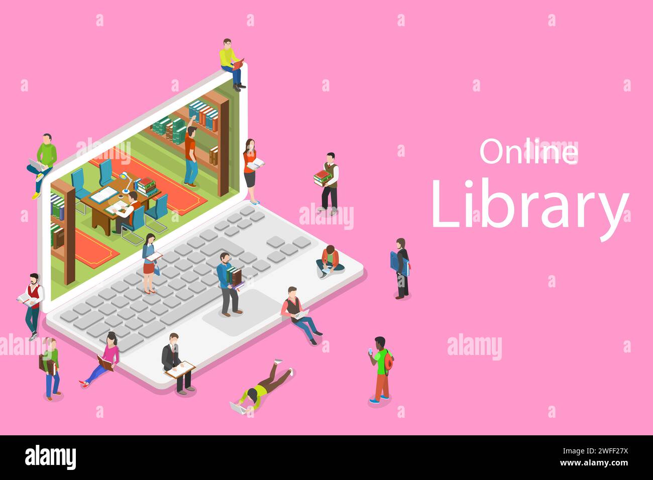 Concetto isometrico vettoriale piatto di biblioteca online, istruzione, lettura, apprendimento online. Illustrazione Vettoriale