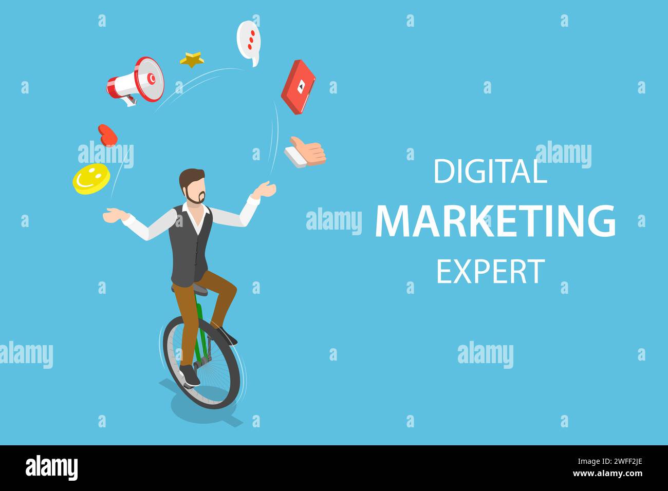 Concetto isometrico di vettore piatto di esperto di marketing digitale, seo, responsabile delle campagne pubblicitarie, promozione del sito Web. Illustrazione Vettoriale