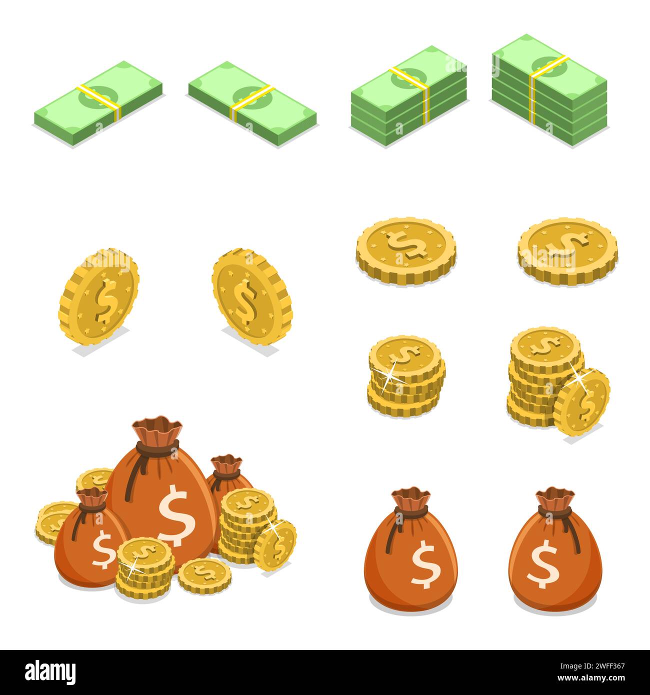 Concetto isometrico di vettore piatto di moneta come monete, banconote e sacchetti di denaro isolati su sfondo bianco. Illustrazione Vettoriale