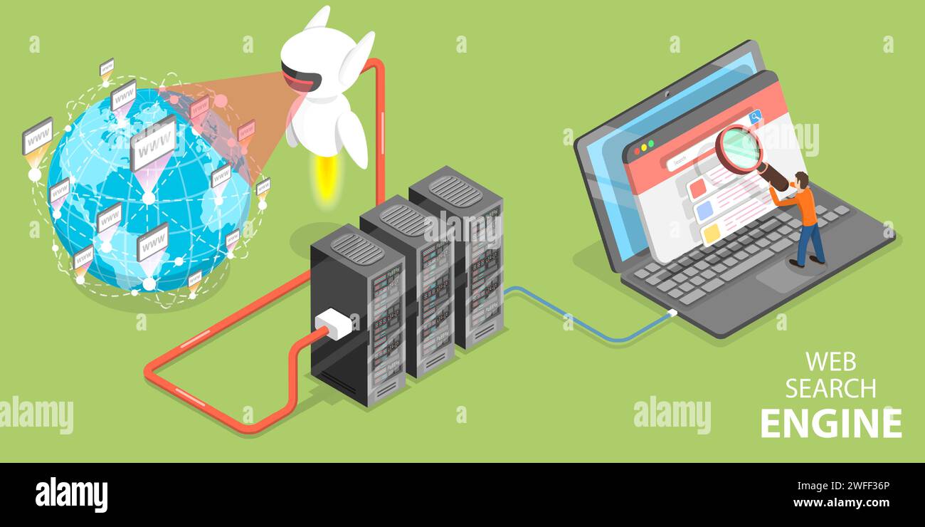 Concetto di vettore piatto isometrico 3D del motore di ricerca Web, indicizzazione e classificazione a scansione, algoritmo SEO, ottimizzazione della pagina, marketing digitale. Illustrazione Vettoriale