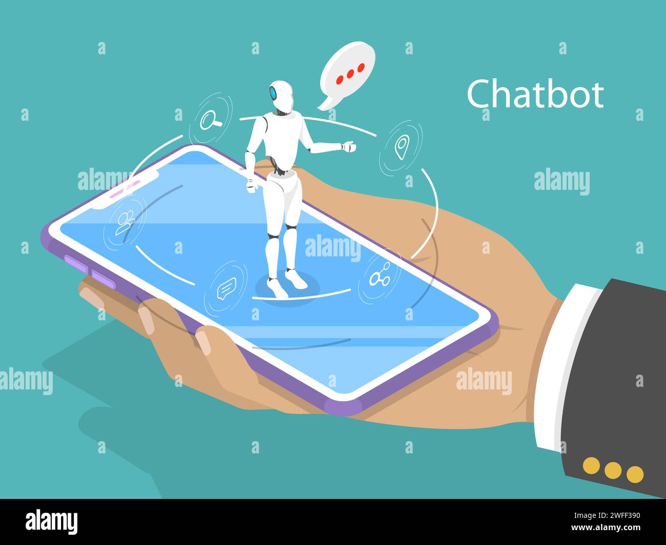 Concetto vettoriale isometrico di chat bot, intelligenza artificiale, assistenza clienti. Illustrazione Vettoriale