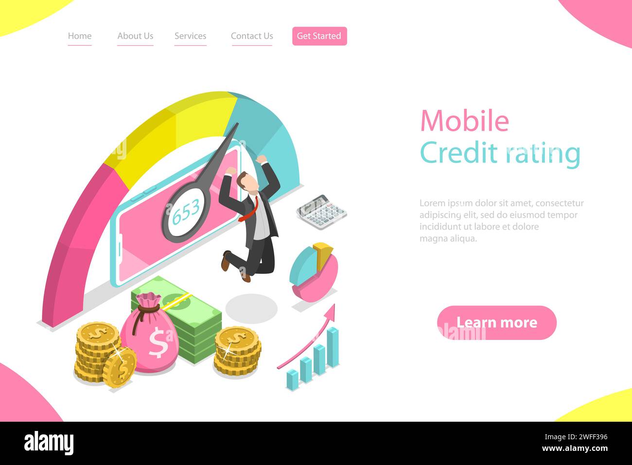 Modello isometrico di landing page vettoriale piatto dell'app mobile di rating del credito, punteggio di credito personale, buon indice della cronologia del credito. Illustrazione Vettoriale