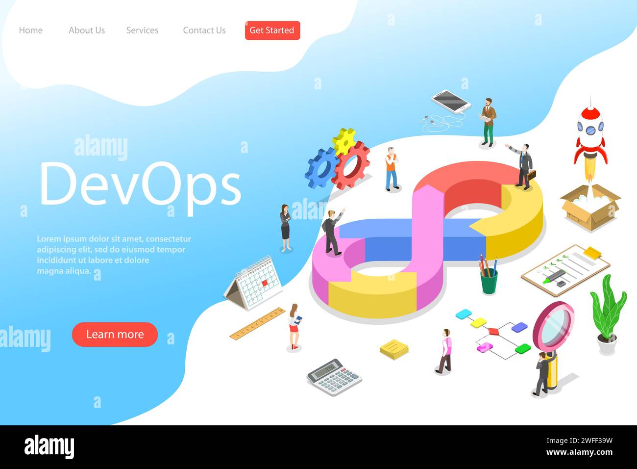 Modello di landing page vettoriale piatto isometrico di DevOps, sviluppo e operazioni, sviluppo software, test e supporto. Illustrazione Vettoriale