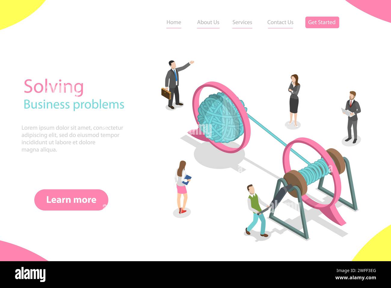 Modello di landing page vettoriale piatto isometrico per risolvere i problemi aziendali, soluzione semplice, groviglio e disgregazione. Illustrazione Vettoriale