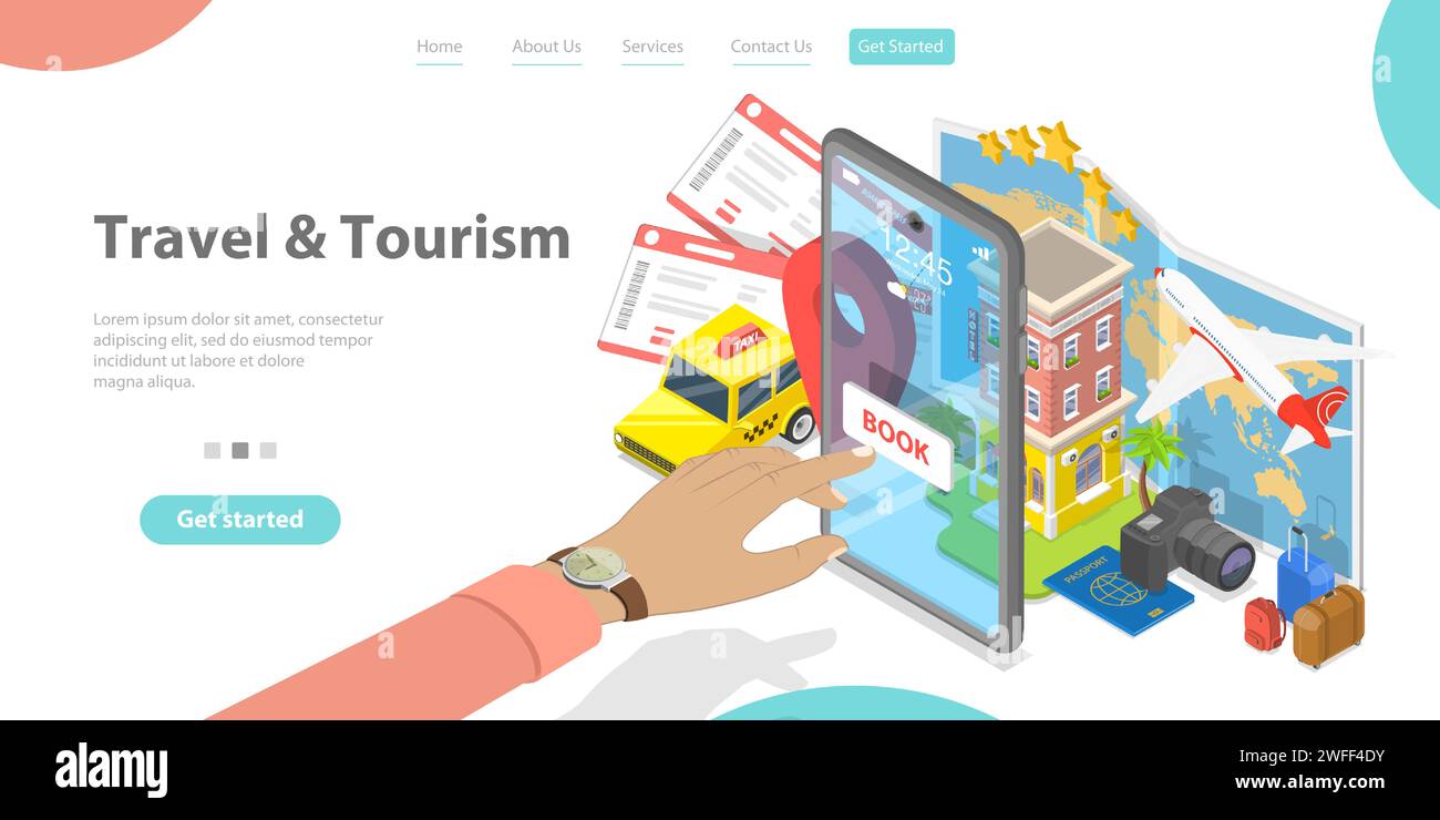 Modello di pagina di destinazione vettoriale piatto isometrico 3D dell'app online per la prenotazione di viaggi, prenotazione di biglietti per hotel e voli. Illustrazione Vettoriale