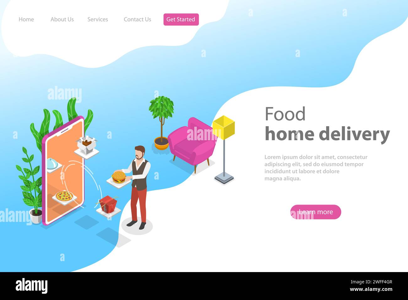 Modello isometrico di landing page vettoriale piatto per la consegna a domicilio di cibo, l'ordinazione online, la prenotazione di ristoranti. Illustrazione Vettoriale