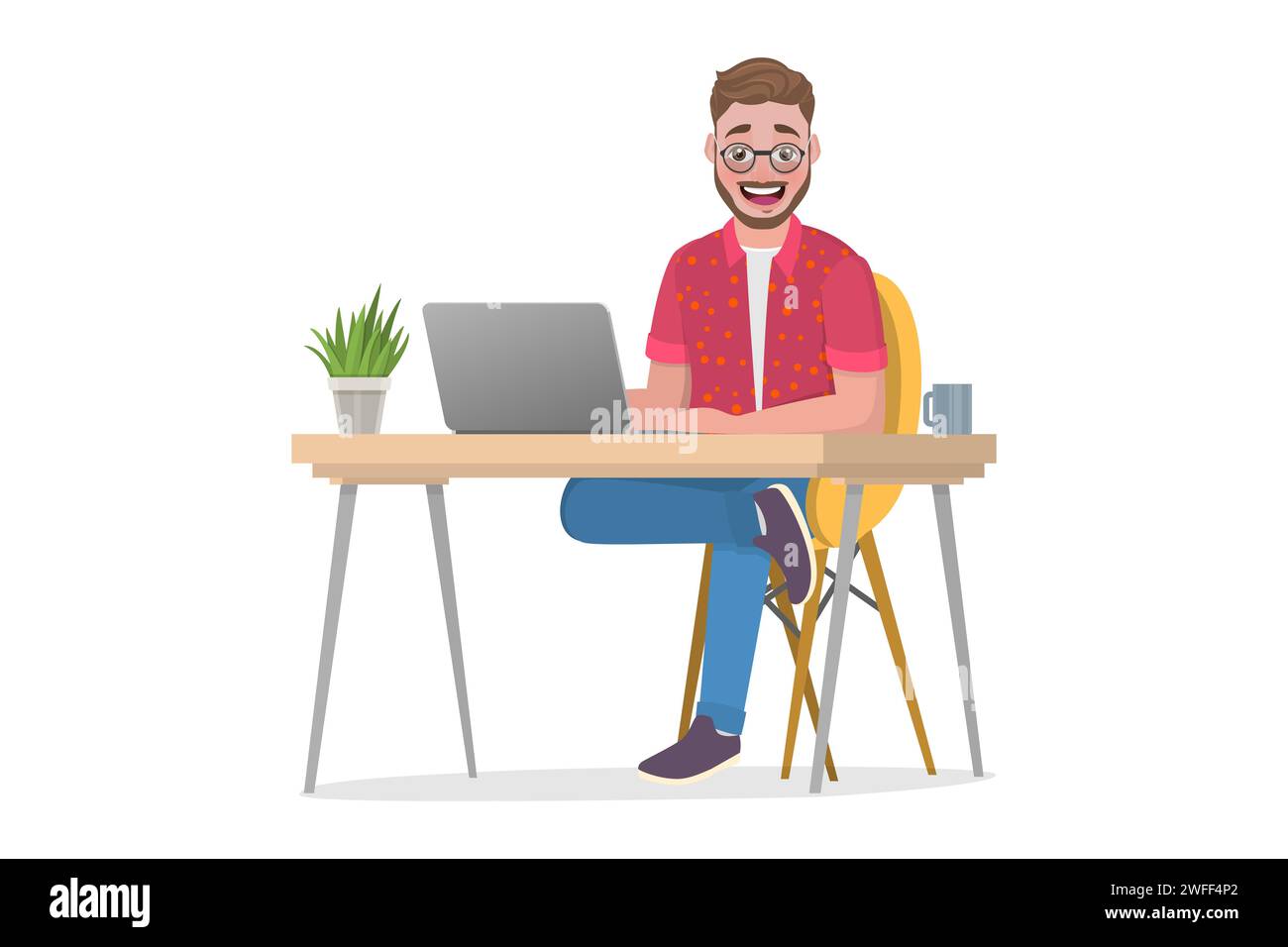 Illustrazione concettuale del vettore piatto isometrico 3D dell'uomo che lavora a casa, formazione online, ufficio remoto. Illustrazione Vettoriale