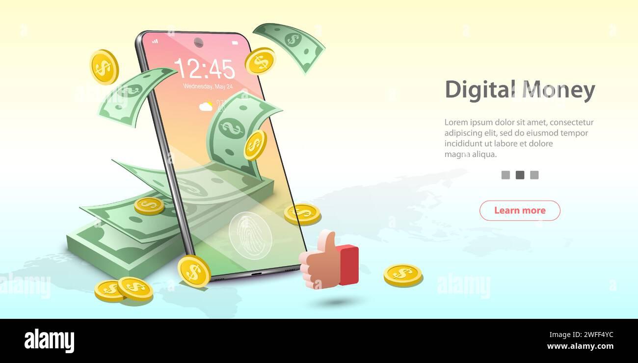 Illustrazione del concetto vettoriale di moneta digitale, mobile banking, portafoglio online. Modello per la landing page del sito Web. Illustrazione Vettoriale