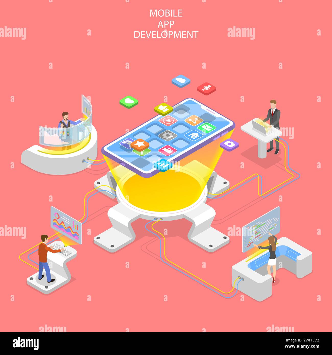 Concetto vettoriale isometrico piatto di sviluppo di app mobili, programmazione, codifica, software. Illustrazione Vettoriale