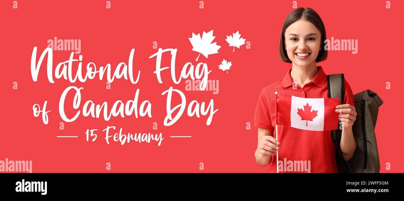 Banner festivo per la giornata nazionale della bandiera del Canada con una giovane donna Foto Stock