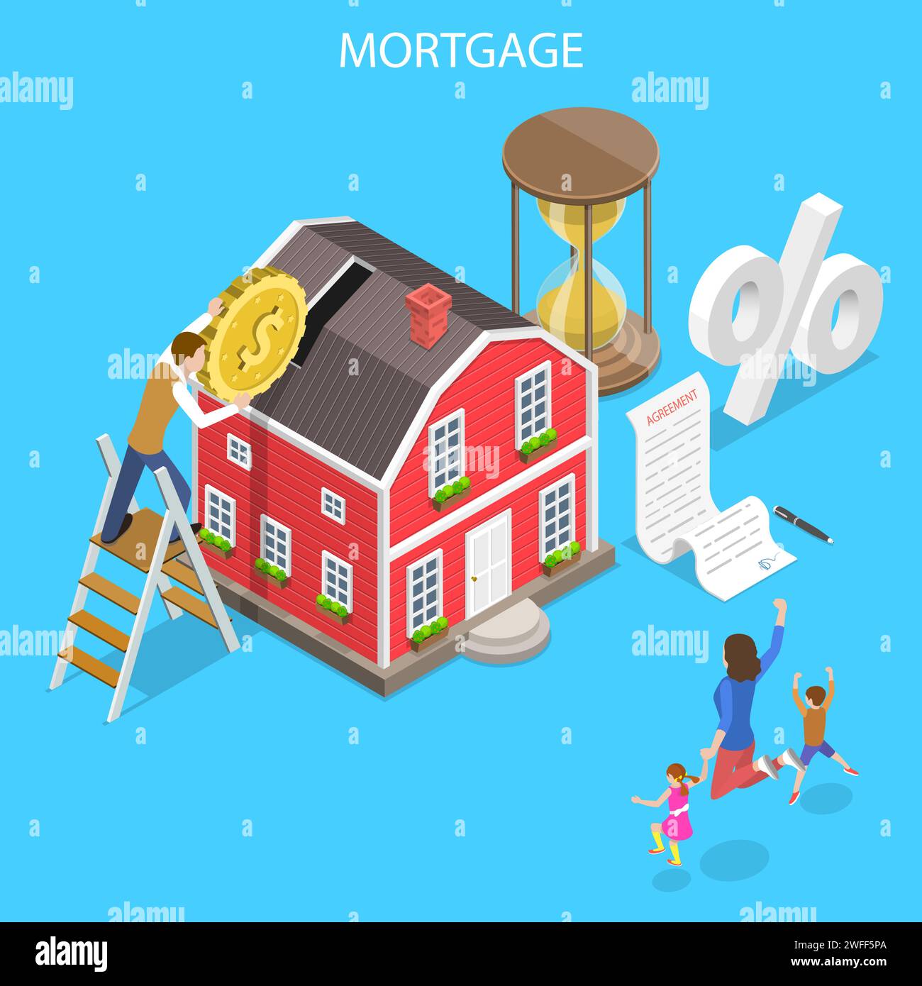 Concetto isometrico di vettore piatto di mutuo, affare immobiliare, pagamento di mutui per la casa. Illustrazione Vettoriale
