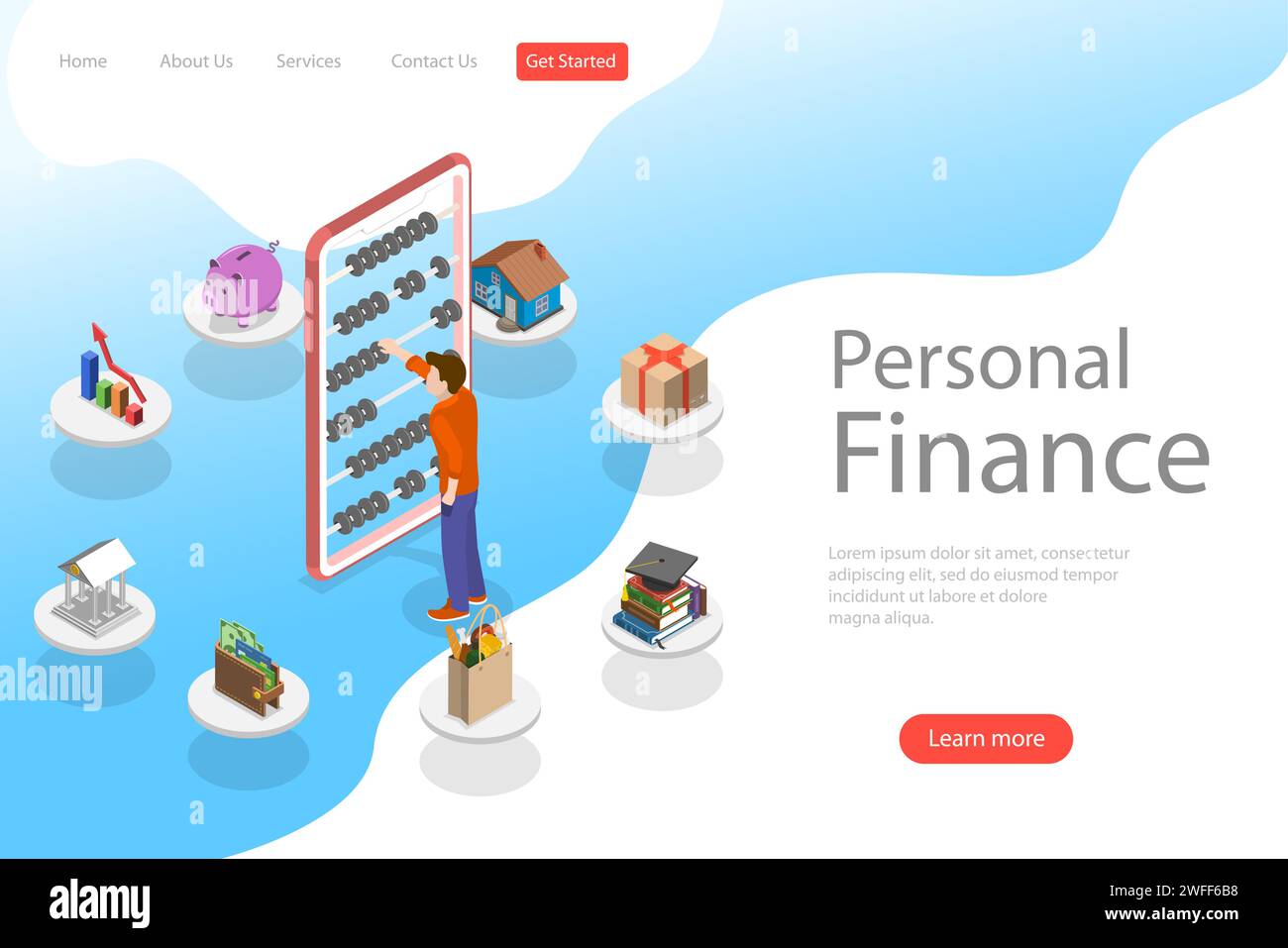Modello isometrico di landing page vettoriale piatto di finanza domestica personale, pianificazione del budget, acquisti online, servizi bancari e pagamento di fatture. Illustrazione Vettoriale