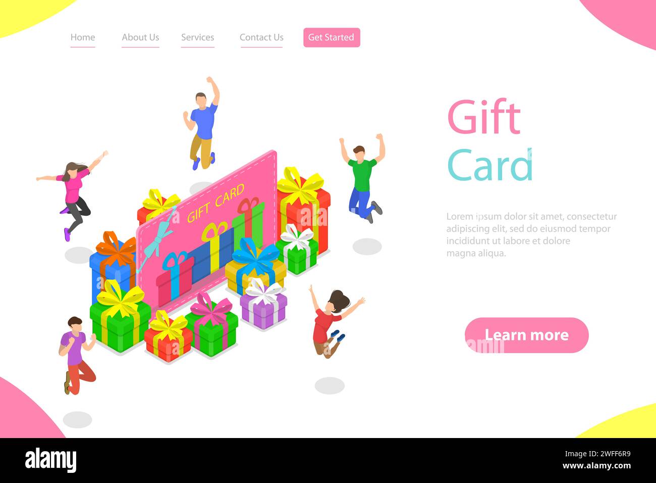 Modello isometrico di landing page vettoriale con carta regalo, programma fedeltà, accumulo di punti e bonus, rimborso. Illustrazione Vettoriale