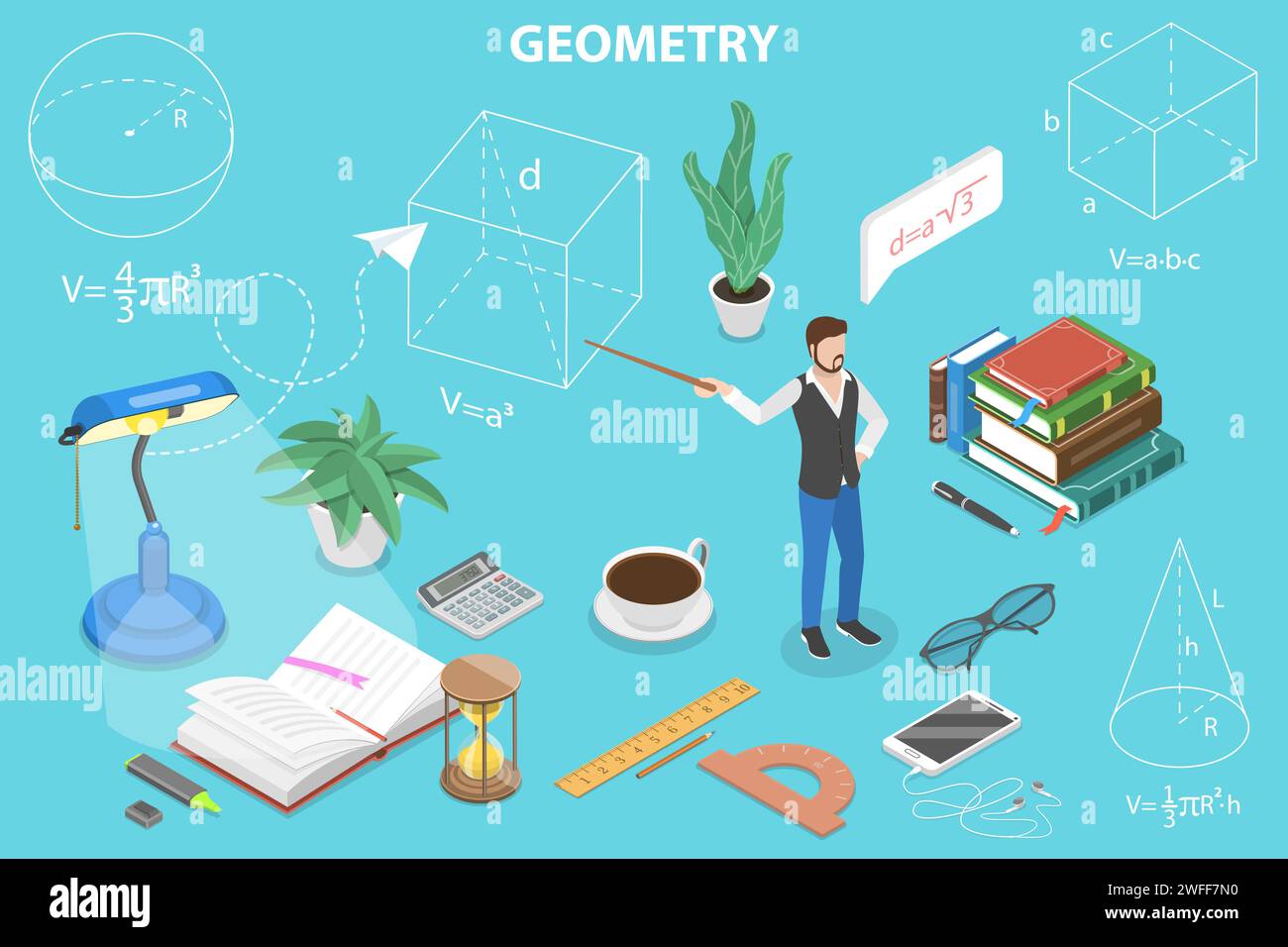 Corso di apprendimento 3D Isometric Flat Vector Concept of Geometry (concetto di geometria isometrica 3D), l'insegnante tiene una lezione sulla trigonometria. Illustrazione Vettoriale