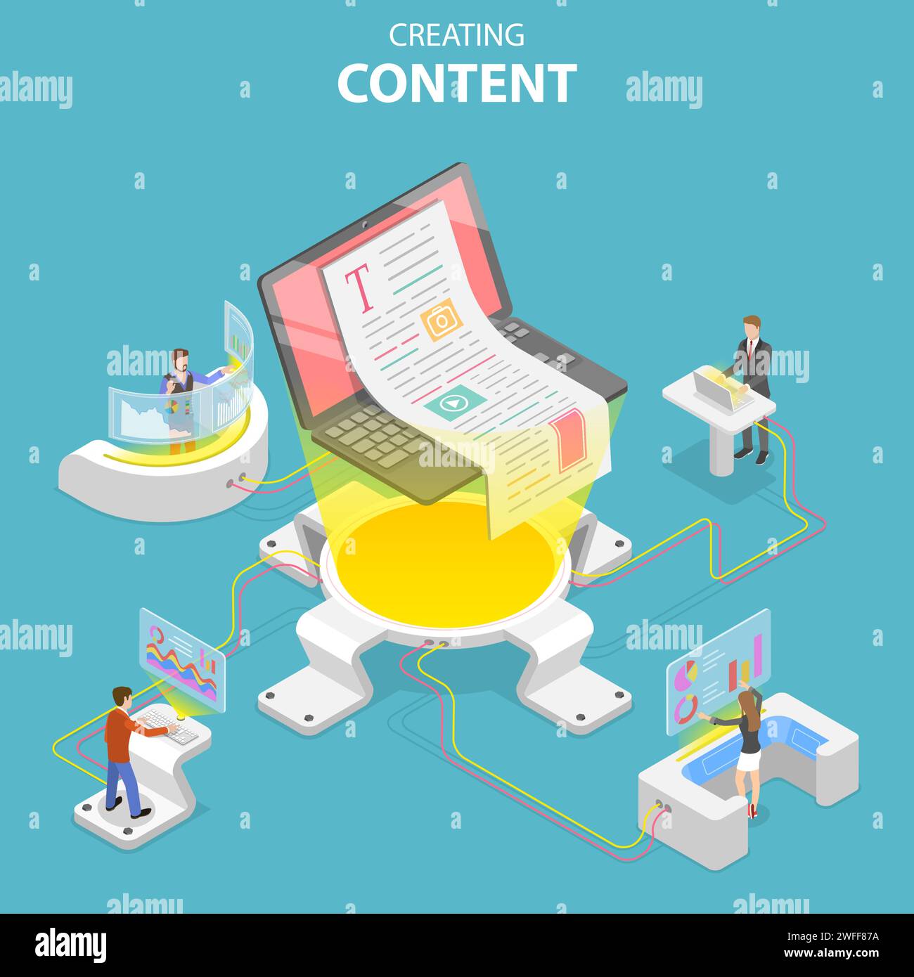 Concetto vettoriale isometrico piatto di creazione di contenuti, copywriting, scrittura creativa, content marketing. Illustrazione Vettoriale