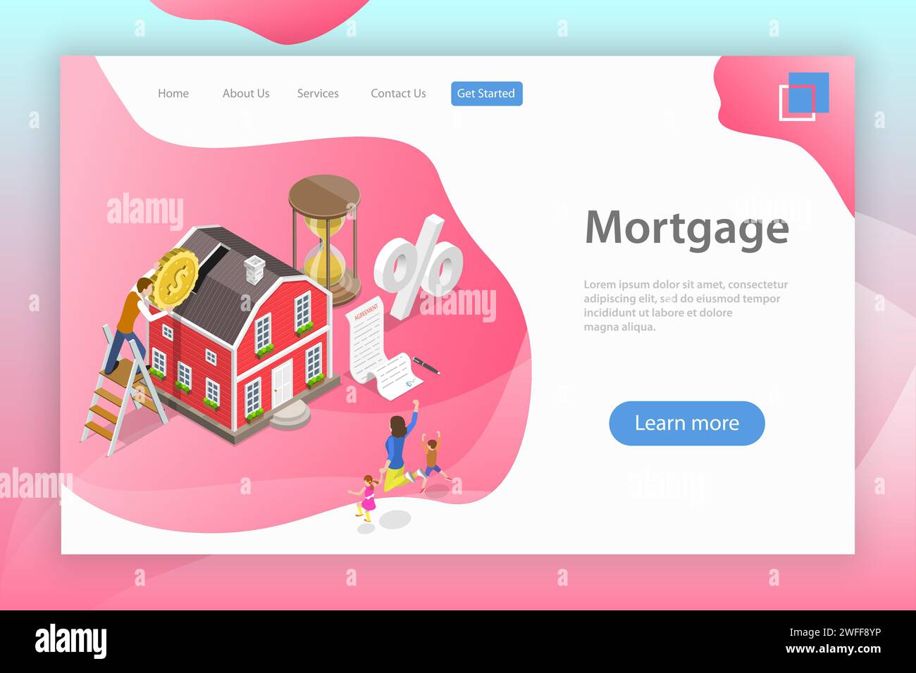 Modello isometrico di landing page vettoriale piatto di mutuo, affare immobiliare, pagamento di mutui per la casa. Illustrazione Vettoriale