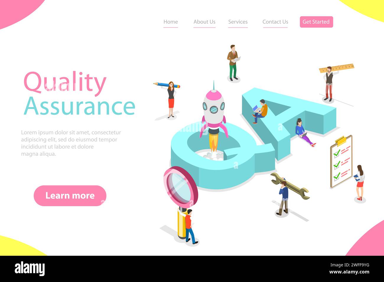 Modello di landing page vettoriale piatto isometrico di QA, controllo della qualità, test delle app software, codifica e programmazione, domande e risposte, team SQA. Illustrazione Vettoriale