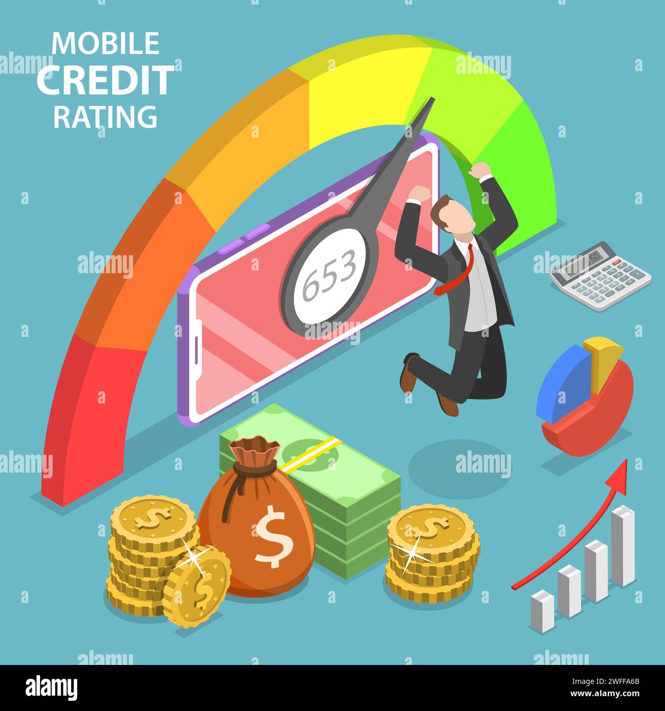 Concetto isometrico flat Vector dell'app mobile di rating del credito, punteggio di credito personale, buon indice di storia del credito. Illustrazione Vettoriale