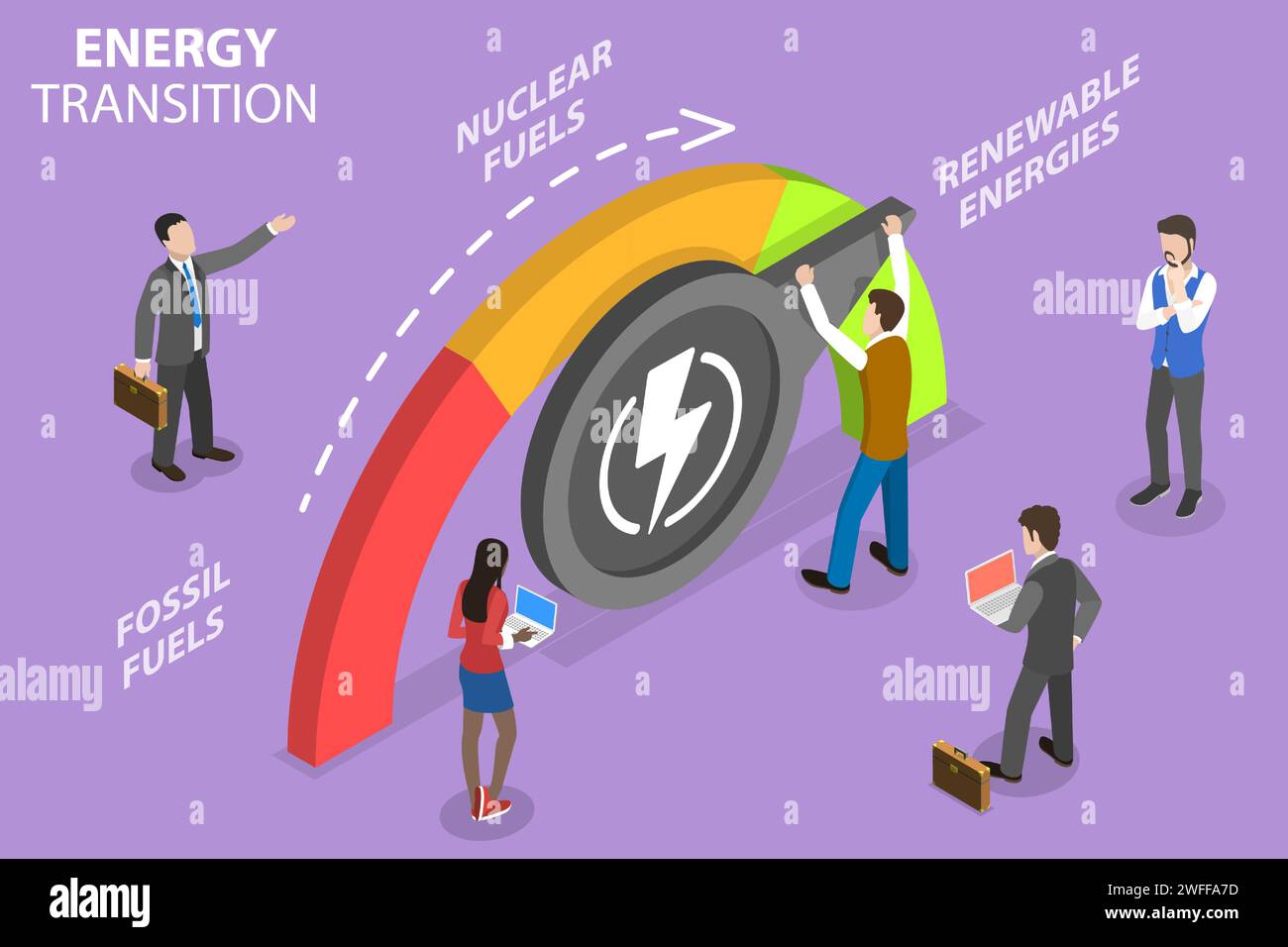 Illustrazione concettuale del vettore piatto isometrico 3D della transizione energetica, cambiamento strutturale in un sistema Eenergy da combustibili fossili a energie rinnovabili. Illustrazione Vettoriale