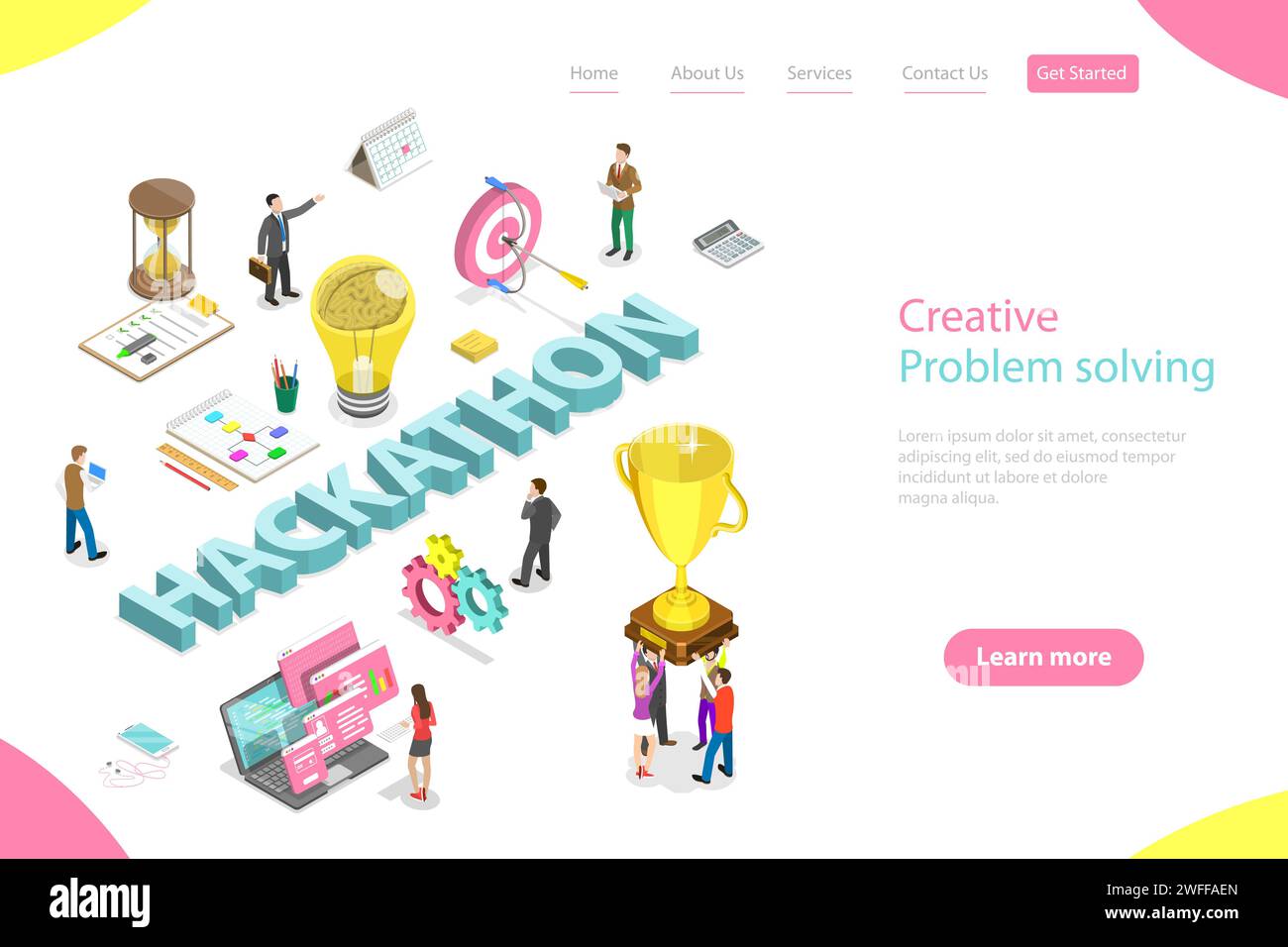 Modello isometrico di landing page vettoriale piatto di hackathon, evento di codifica di maratona di hackathon, sviluppo di app e software. Illustrazione Vettoriale