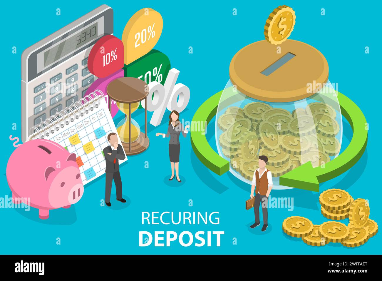Illustrazione concettuale vettoriale piatto isometrico 3D di conti di deposito ricorrenti, banche e investimenti monetari. Illustrazione Vettoriale