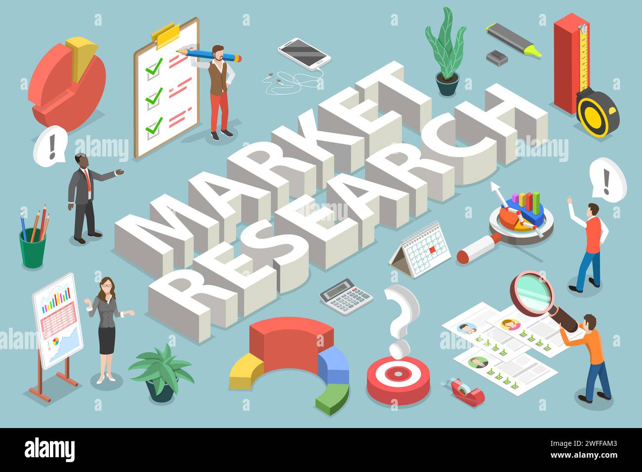 Illustrazione concettuale vettoriale isometrica 3D del metodo di ricerca di mercato con i seguenti passaggi sono obiettivo, analisi del gap, indagine, segmentazione del mercato, T Illustrazione Vettoriale