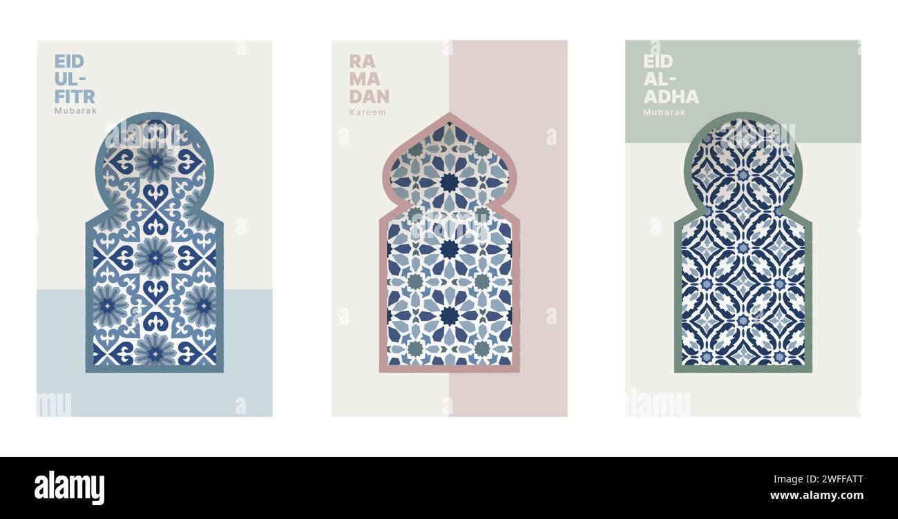 Ramadan Kareem, Eid al Adha Eid ul fitr Set di poster, volantini. Biglietti d'auguri per le festività natalizie, inviti. Bellissime piastrelle arabe ornamentali Illustrazione Vettoriale