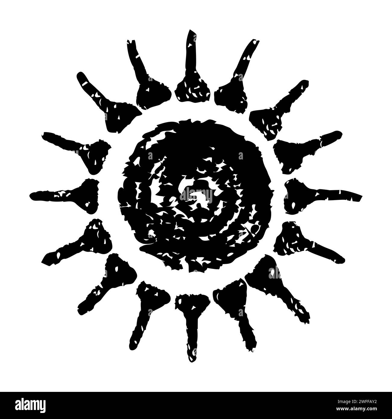 Simbolo del sole dipinto a mano, disegnato a mano con pastello Illustrazione Vettoriale