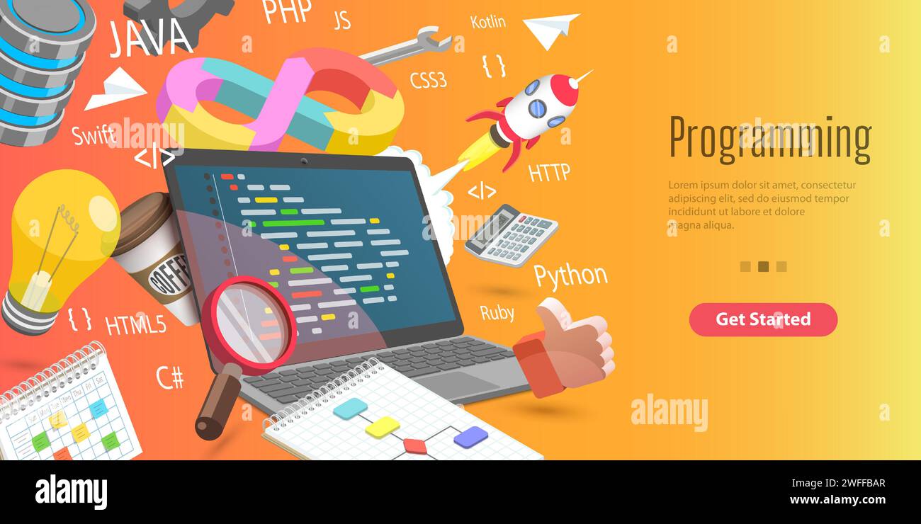 Illustrazione concettuale vettoriale 3D di sviluppo software, apprendimento linguaggi di programmazione, competenze di codifica informatica, creazione di siti Web e app mobili. Illustrazione Vettoriale