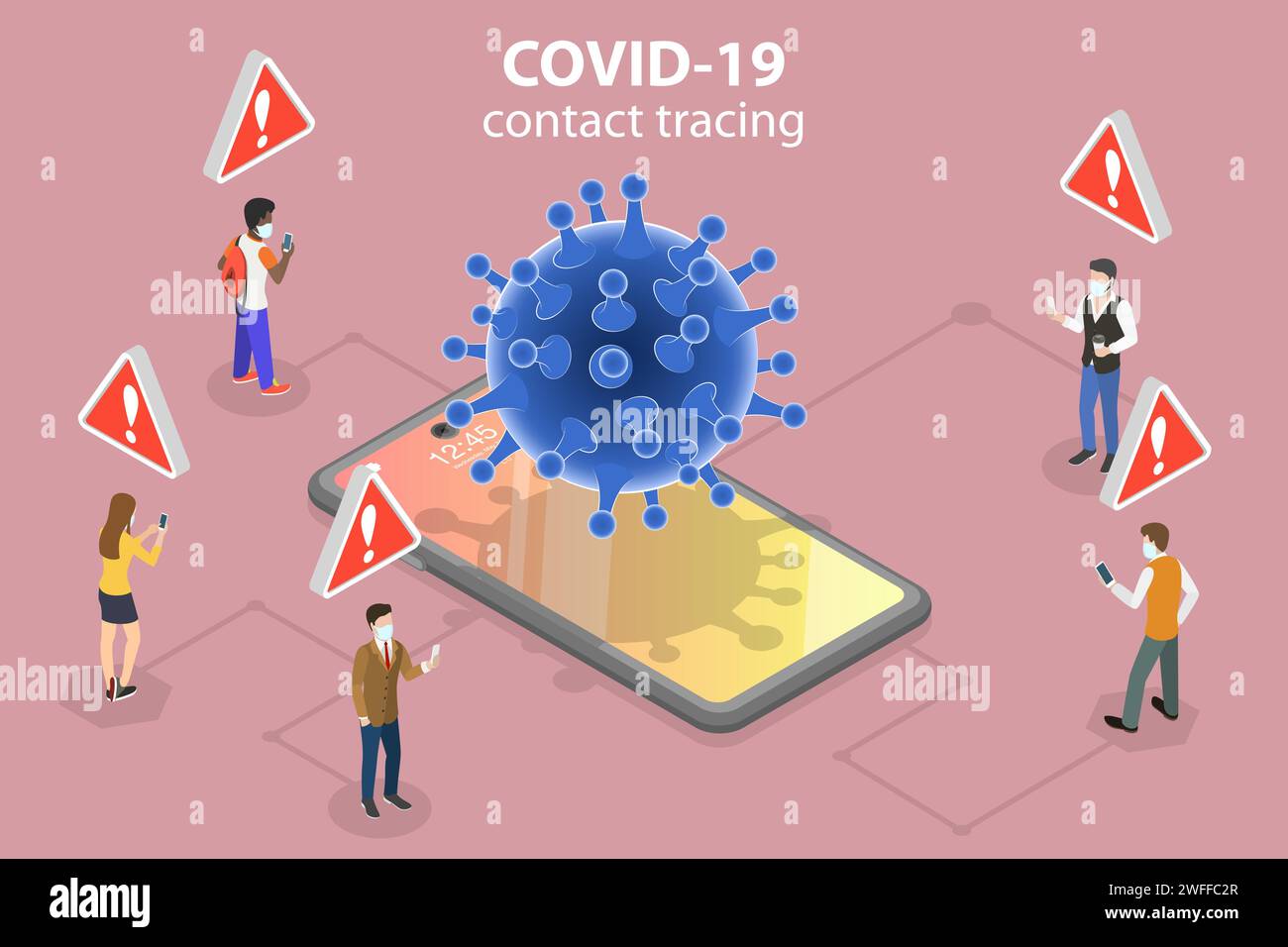 Illustrazione concettuale del vettore piatto isometrico 3D dell'app di tracciamento dei contatti del coronavirus, ENS - sistema di notifica dell'esposizione. Illustrazione Vettoriale