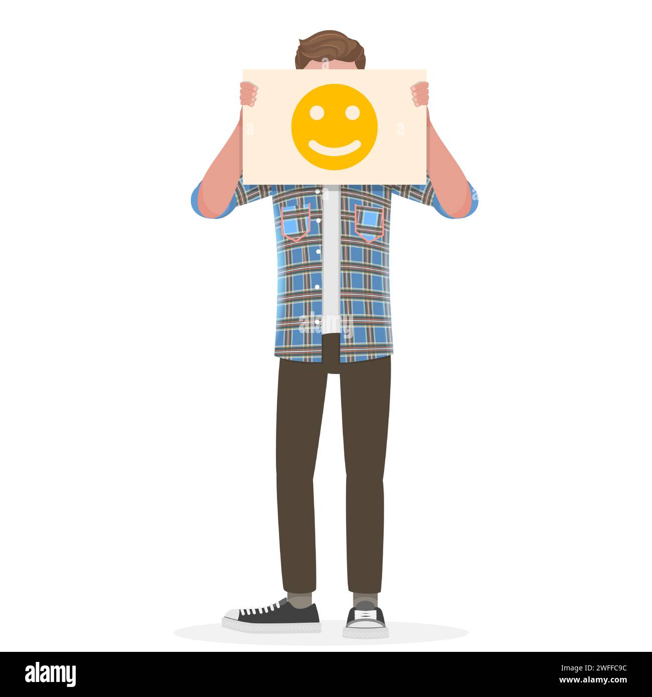 Un uomo che tiene un cartello Emoji felice davanti alla sua faccia. Illustrazione concettuale vettoriale dell'emozione positiva, umore ottimistico, espressione facciale allegra. Illustrazione Vettoriale