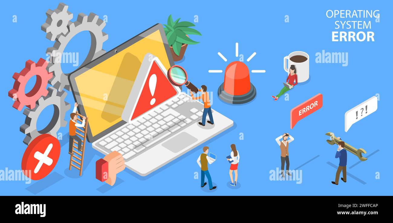 Illustrazione concettuale del vettore piatto isometrico 3D dell'errore del sistema operativo o della pagina Web dell'errore 404. Illustrazione Vettoriale