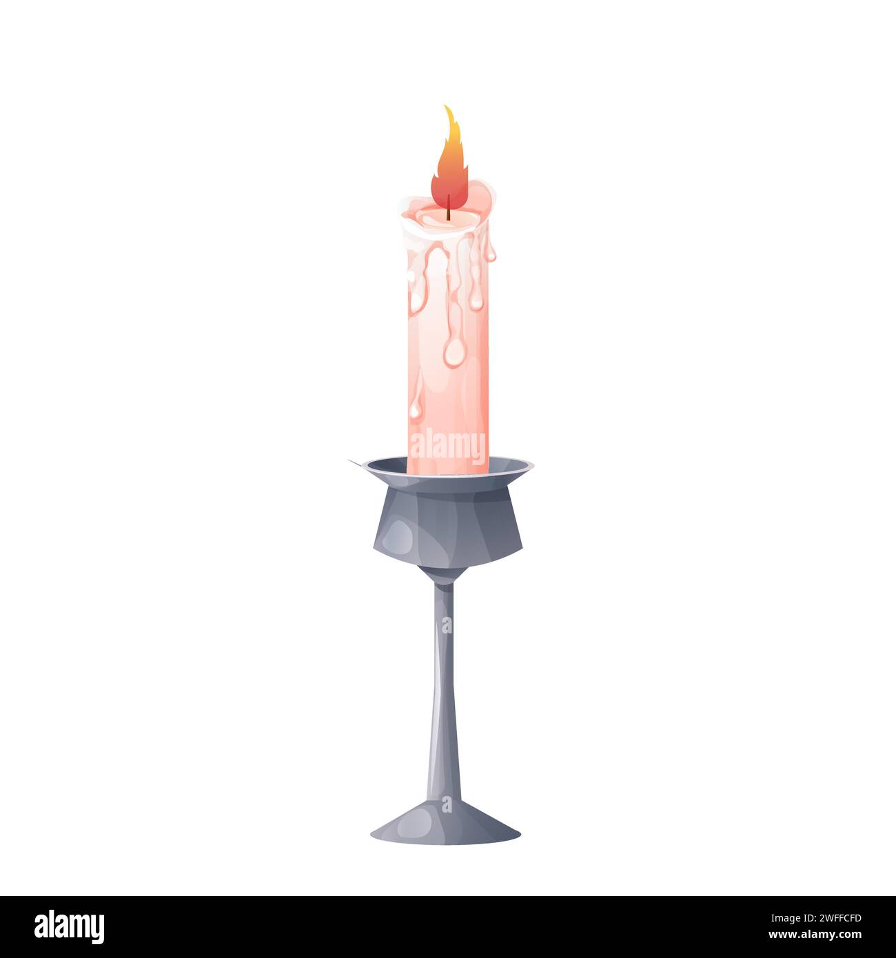 Candela in cera con fuoco nel supporto in metallo, fiamma a candelabro in stile cartone animato isolata su sfondo bianco. . Illustrazione vettoriale Illustrazione Vettoriale