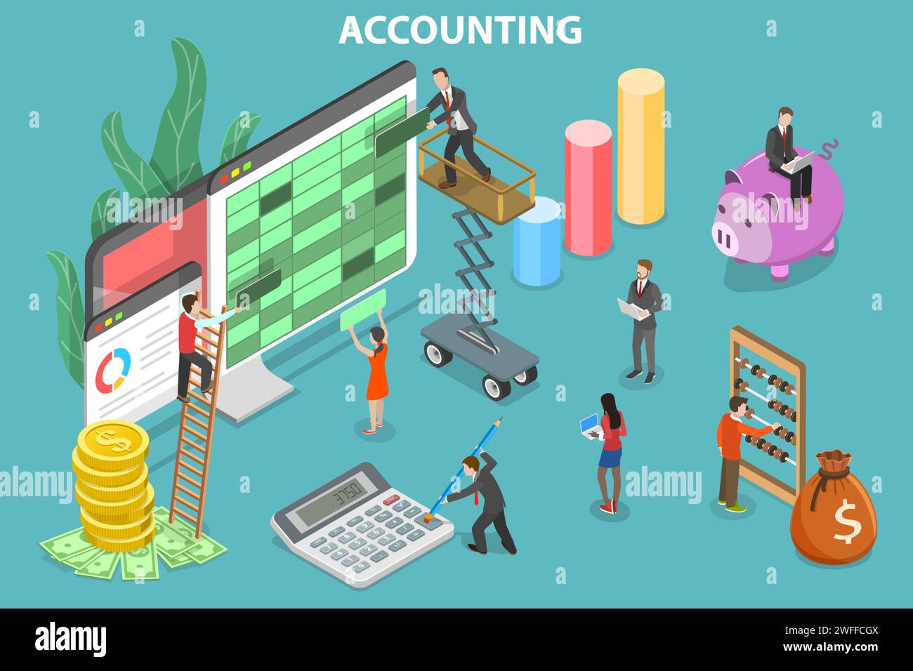 Illustrazione concettuale del vettore piatto isometrico 3D della contabilità finanziaria, generazione di report contabili. Illustrazione Vettoriale