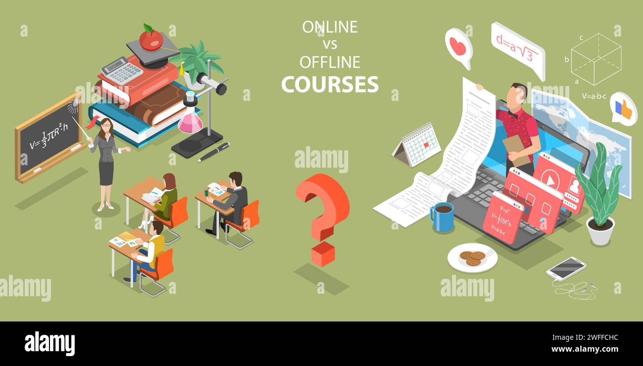 Concetto di vettore piatto isometrico 3D di corsi online vs corsi offline, professionisti e contro di classi regolari e formazione a distanza. Illustrazione Vettoriale