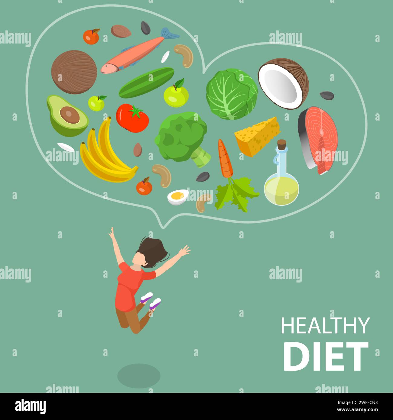 3D Isometric Flat Vector illustrazione concettuale di dieta sana, stile di vita di alimentazione bilanciato. Illustrazione Vettoriale