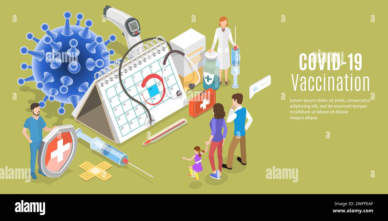 Illustrazione concettuale del vettore piatto isometrico 3D del programma di vaccinazione Covid-19, piano di immunizzazione contro il coronavirus Illustrazione Vettoriale